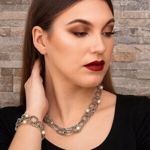 Premier Designs Silver‎ Rope Link Necklace & Bracelet Set w/ Faux Pearls